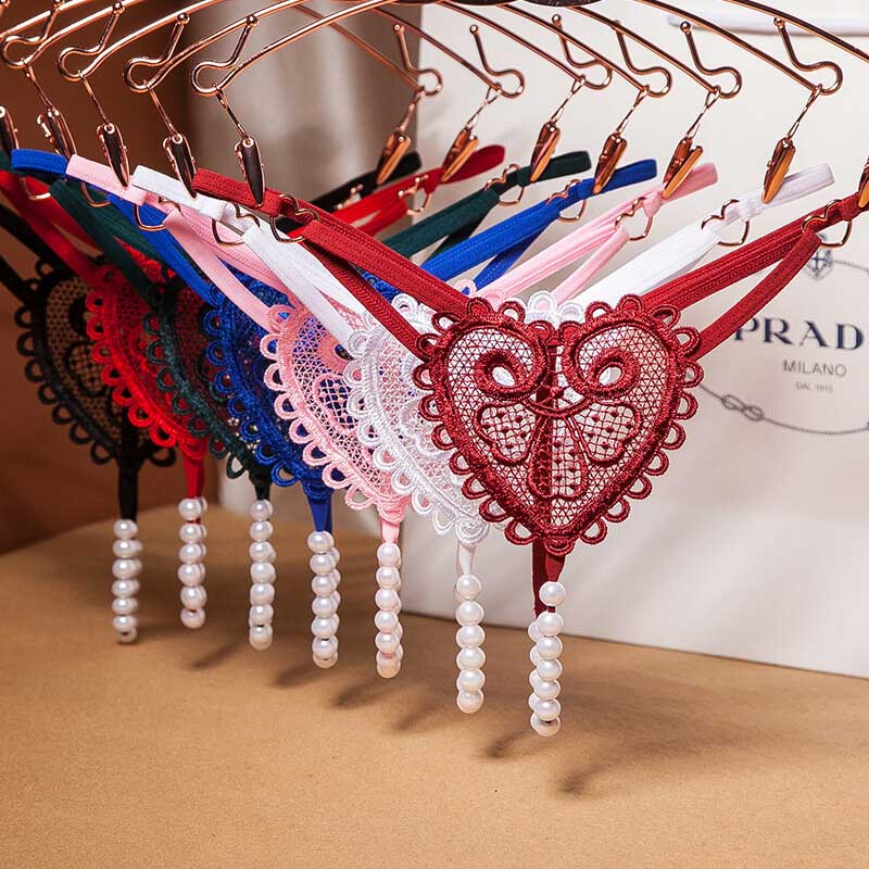 Heart Lace G-string Thong with Pearls for Trans Women