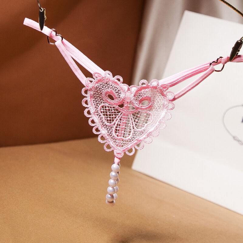 Heart Lace G-string Thong with Pearls for Trans Women detail image 5