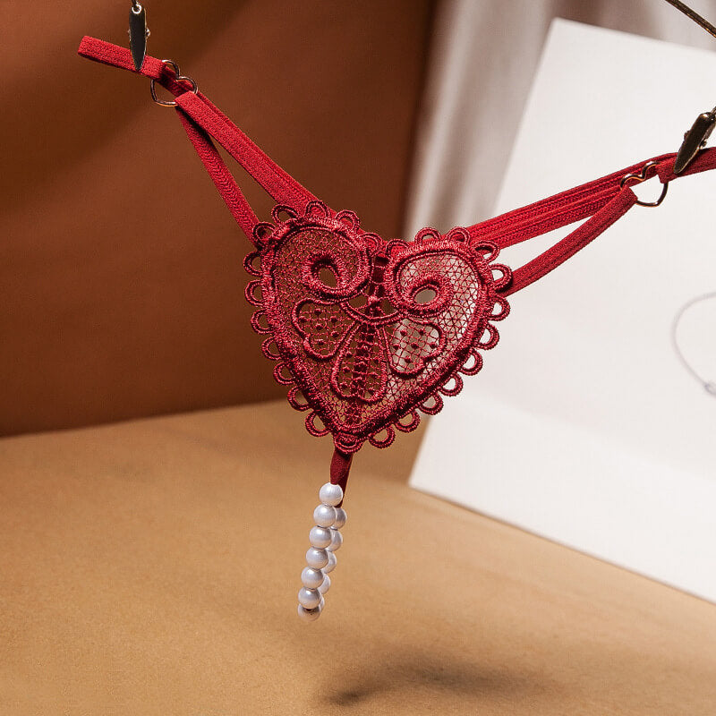 Heart Lace G-string Thong with Pearls for Trans Women detail image 8