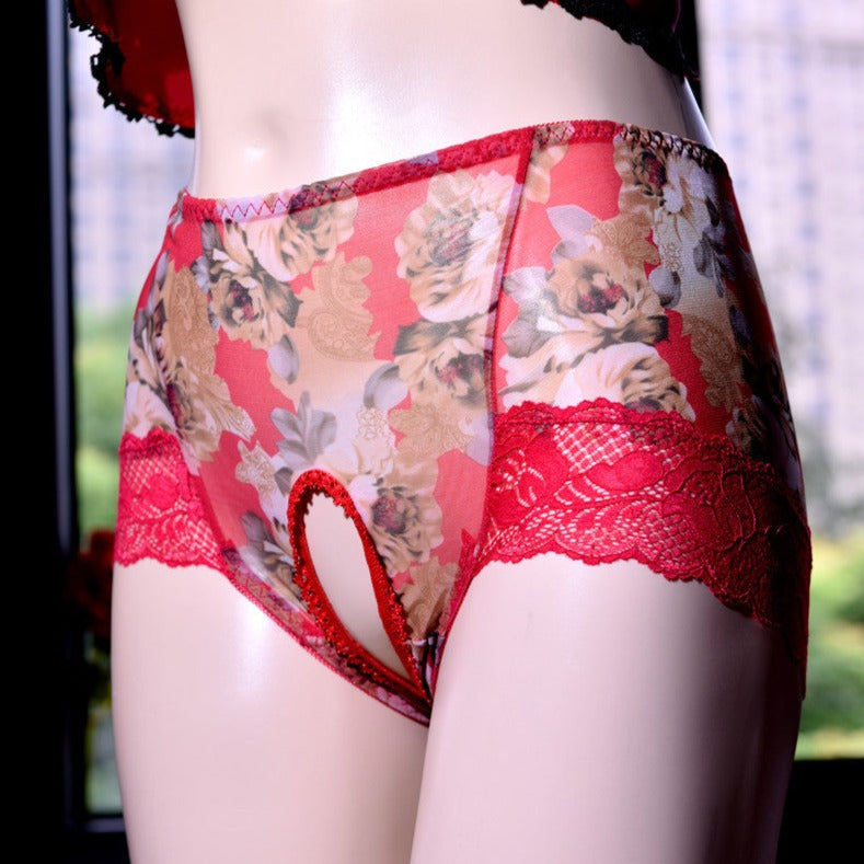 High Waist Floral Lace Crotchless Panties for Trans Women