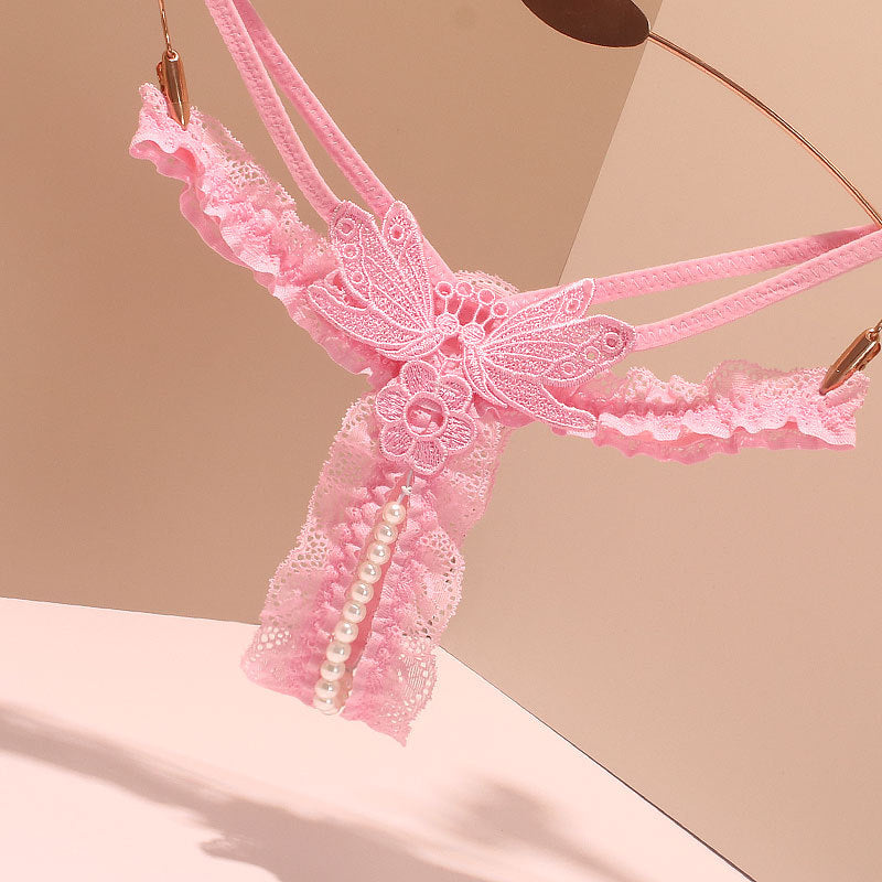 Sexy Lace Crotchless Pearl Thong Panties for Trans Women